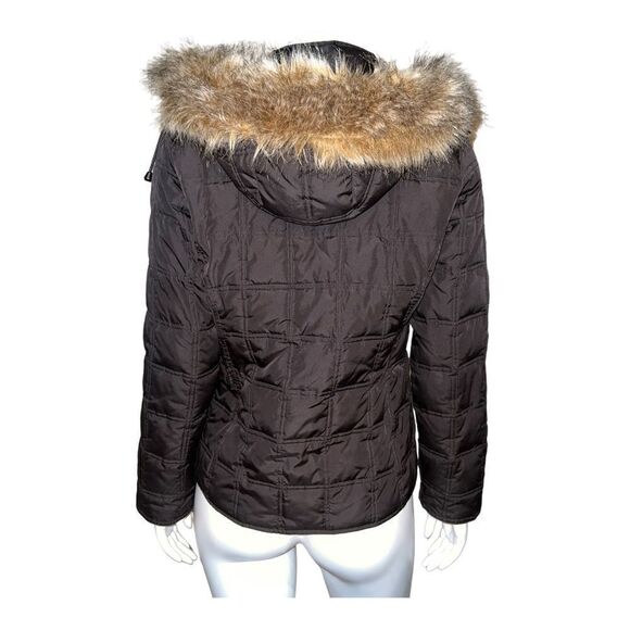 Gap Women's Brown Hooded Puffer Jacket Coat Faux Fur Trim Small EUC - Picture 2 of 7